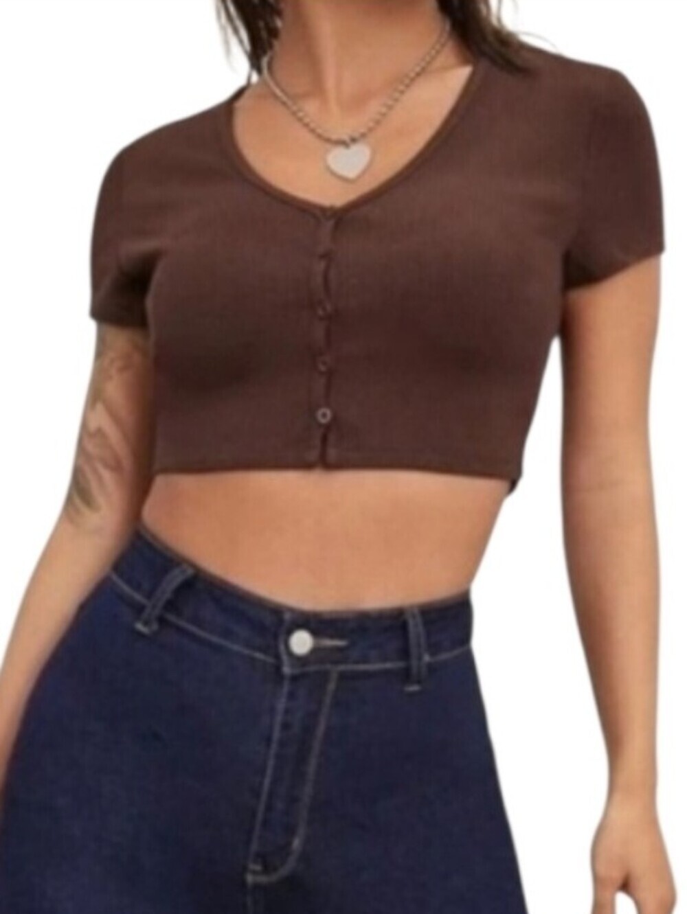 Brown Button Front Ribbed Crop Tee - Picture 6 of 7